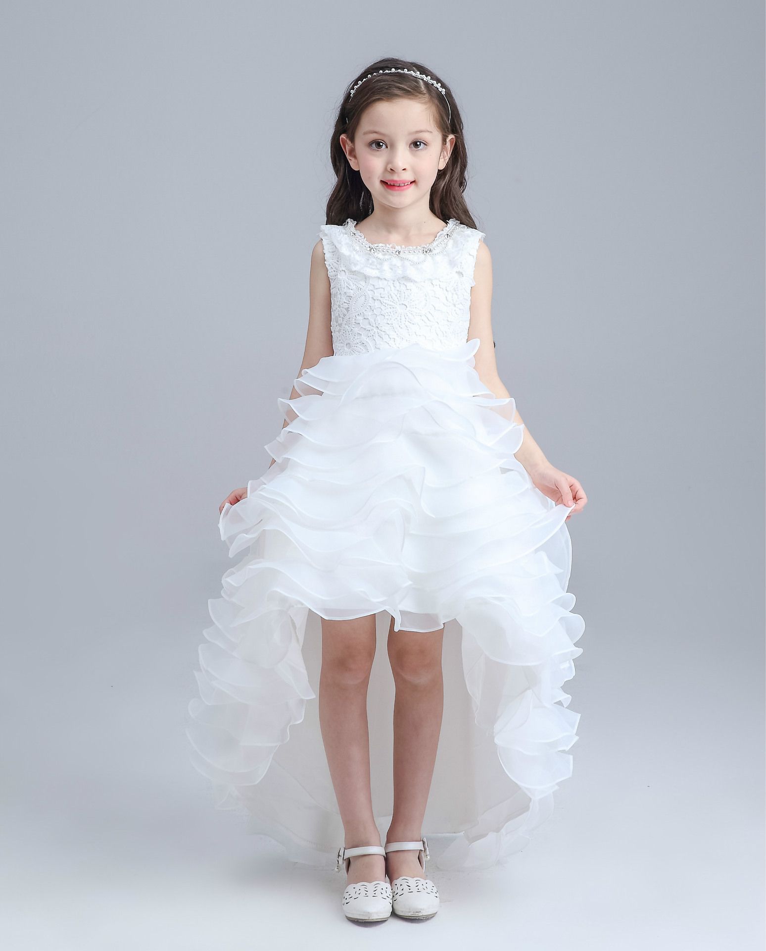 white pageant gown with train