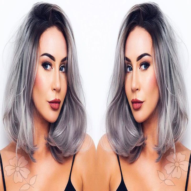 Fashion Ombre Grey Bob Synthetic Lace Front Wig Glueless Black