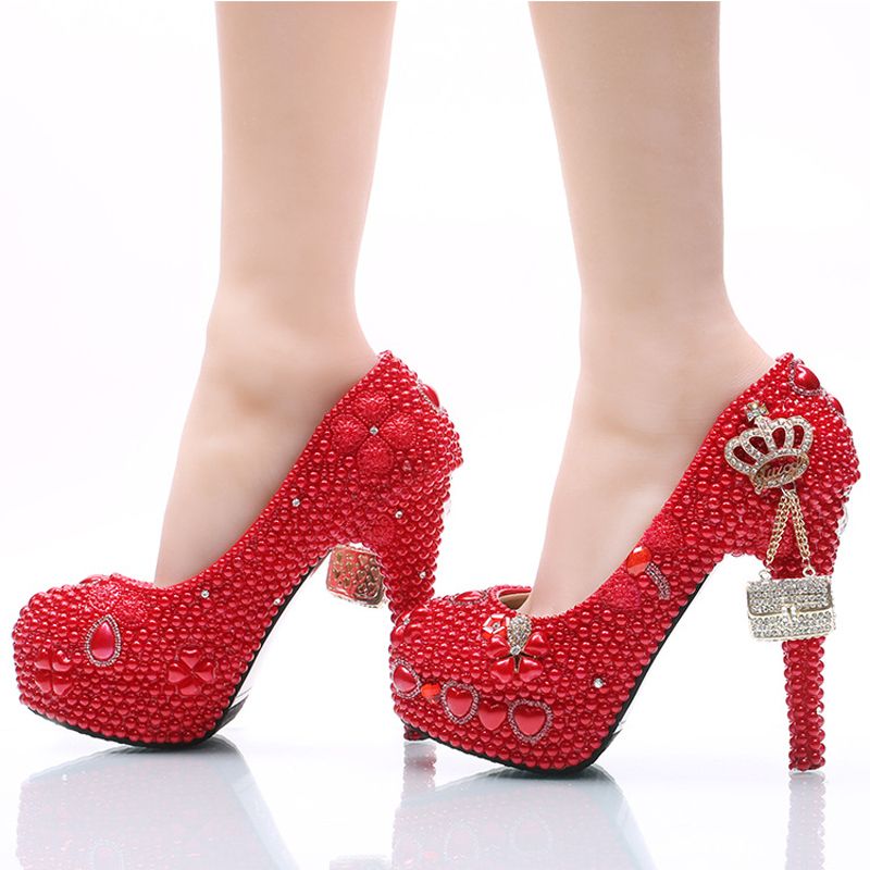 Acquistare Scarpe Da Sposa Fatte A Mano Scarpe Da Sposa Rosse Con Strass E  Perline Piattaforma Con Punta Rotonda Scarpe Da Donna Prom Tacchi Alti  Taglia 11 E 12 Economico | Consegna
