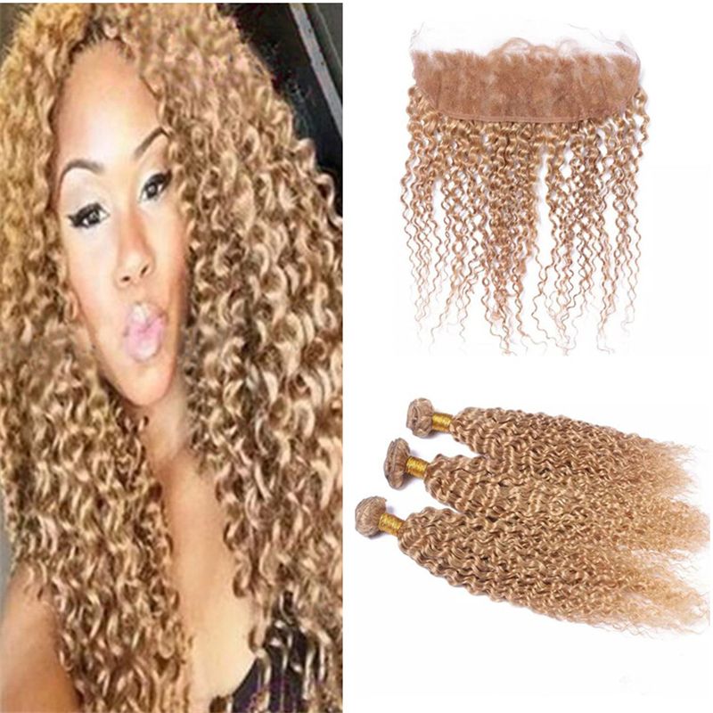 2019 Brazilian Blonde Curly Hair Weave With Lace Frontal Closure