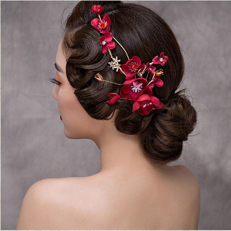 Pakistani Bridal Hairstyles Gold Leaves Butterfly Wedding Hair Accessories  Red Flower Bride Pearl Headpiece Party Head Jewelry