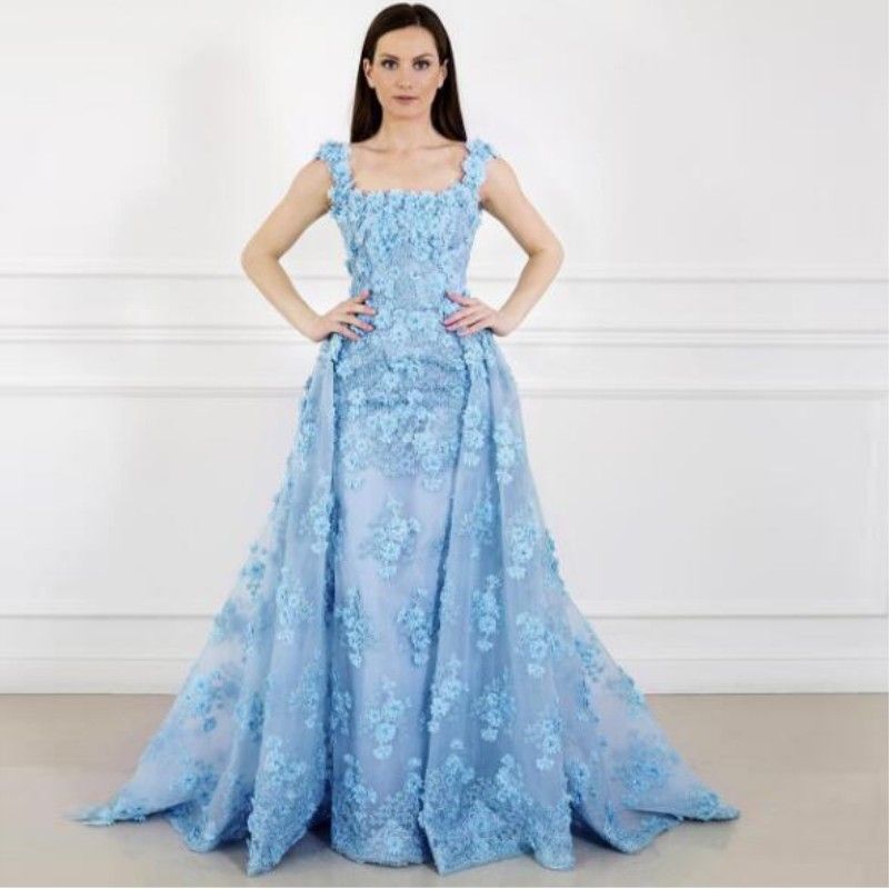 baby blue floral prom dress