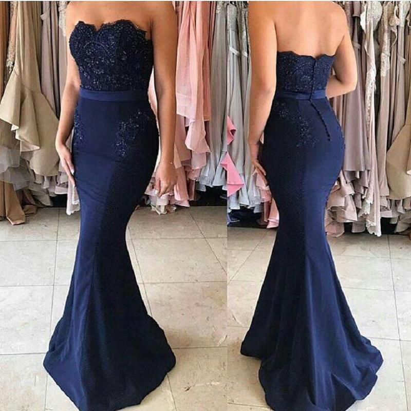Compra Vestidos De Color Azul Marino Vestidos De Noche Estilo Sirena 2017  Modest Strapless Formal Mujeres Prom Vestidos De Satén Vestidos De Gala  Barato | Entrega Rápida Y Calidad | Es.Dhgate