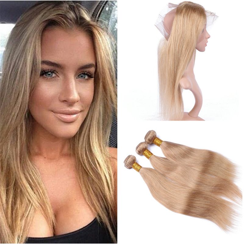 2020 Indian Straight Honey Blonde Hair Bundles With 360 Lace