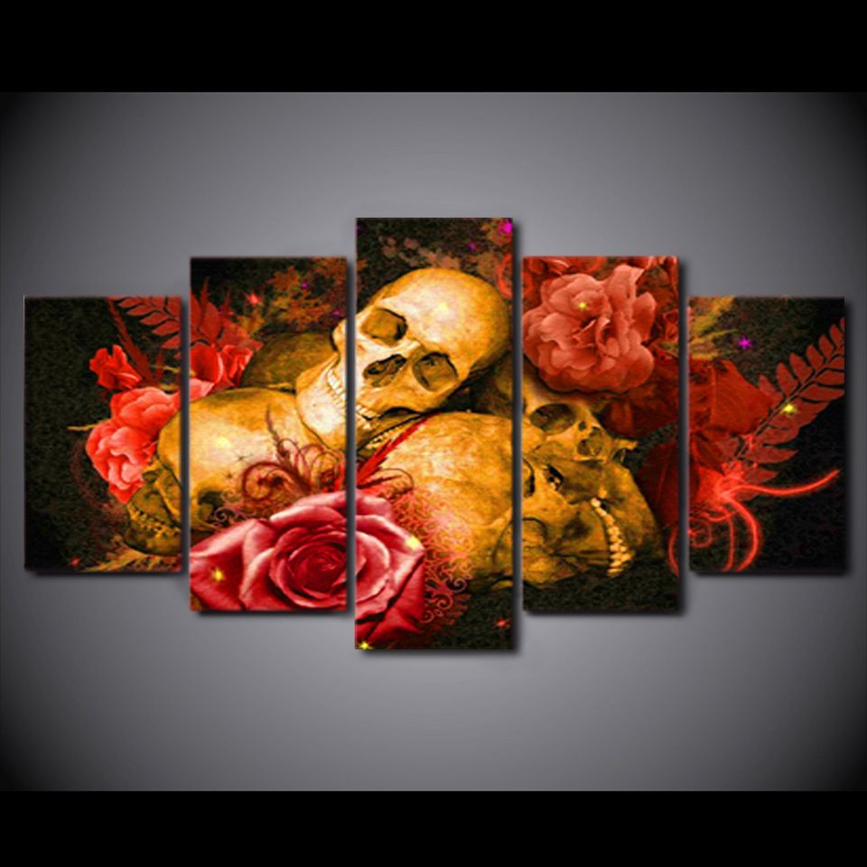 ABSTRACT SKULL FLOWERS MODERN CANVAS WALL ART PRINT PICTURE READY TO HANG