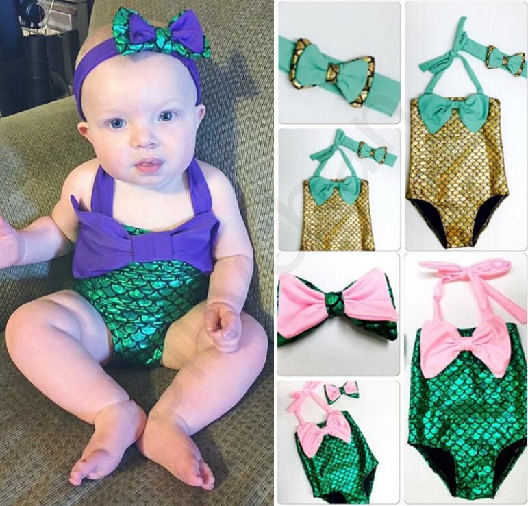 Baby Kid Girl Toddler One Piece Swimsuit Bowknot Polka Dot Bathing Suit Tankini Dress with Headband