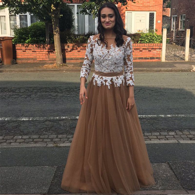 Compra Vestidos De Noche Largos De Manga Tres Cuartos A Line Apliques De  Encaje Vestidos Elegantes Formales Vestidos De Noche De Tul Marrón  Abendkleider Barato | Entrega Rápida Y Calidad | Es.Dhgate