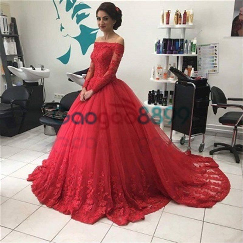 Vintage Red Ball Gown Lace Prom Dresses 