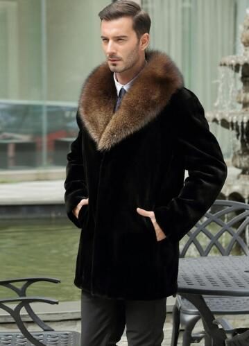 Winter Men's Business Parka Coat Faux Mink Fur Jacket Warm Lapel Collar Outwear 
