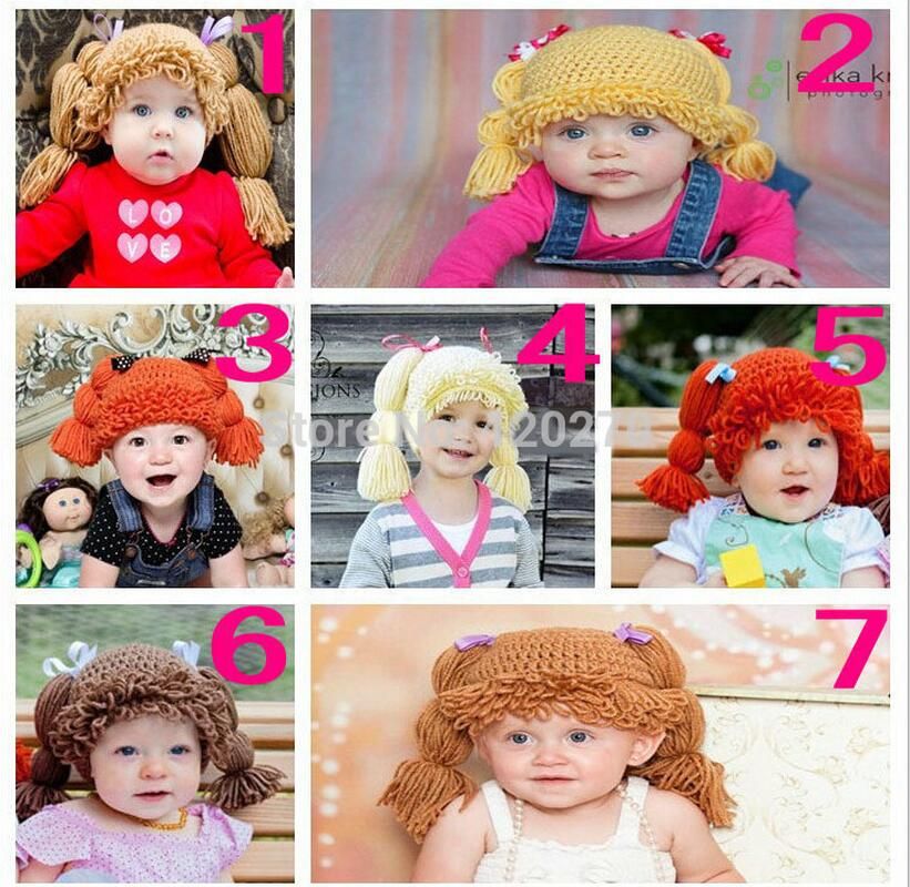 New Knit Crochet Baby Kids Cabbage Patch Doll Wig Hat Cap Newborn Photo Prop Hat 