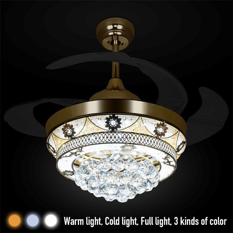 Großhandel Moderne Kristall Unsichtbare Deckenventilator Licht Kit Für Wohnzimmer Schlafzimmer 42 Zoll Gold 4 Teleskop Blades Fan Kronleuchter