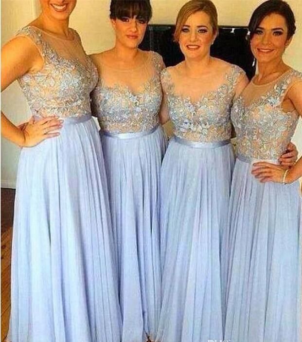 Hermoso Azul Cielo Vestidos De Damas De Honor 2017 A-Line / Princess  Bowknot Flores Artificiales Sin