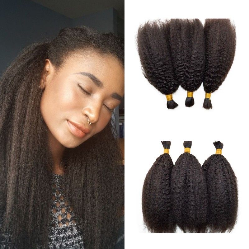 Kinky Straight Human Hair Bulk 3 Bundles Brazilian Natural Black