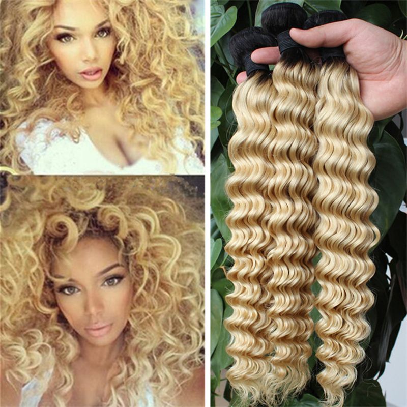 Ombre Deep Wave Virgin Hair Weaves 1b 613 Blonde Curly Human Hair