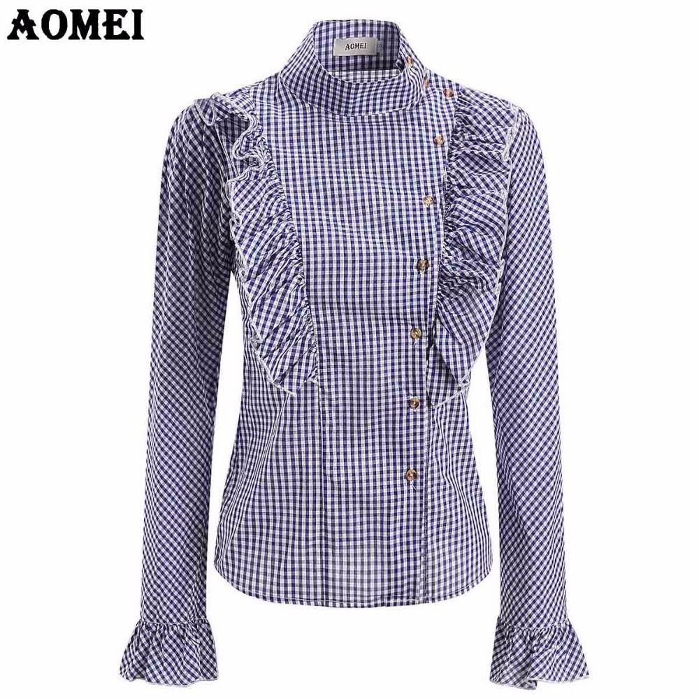 Long Sleeve Gingham Blouse and Shirts for Women Blue Pink Black 