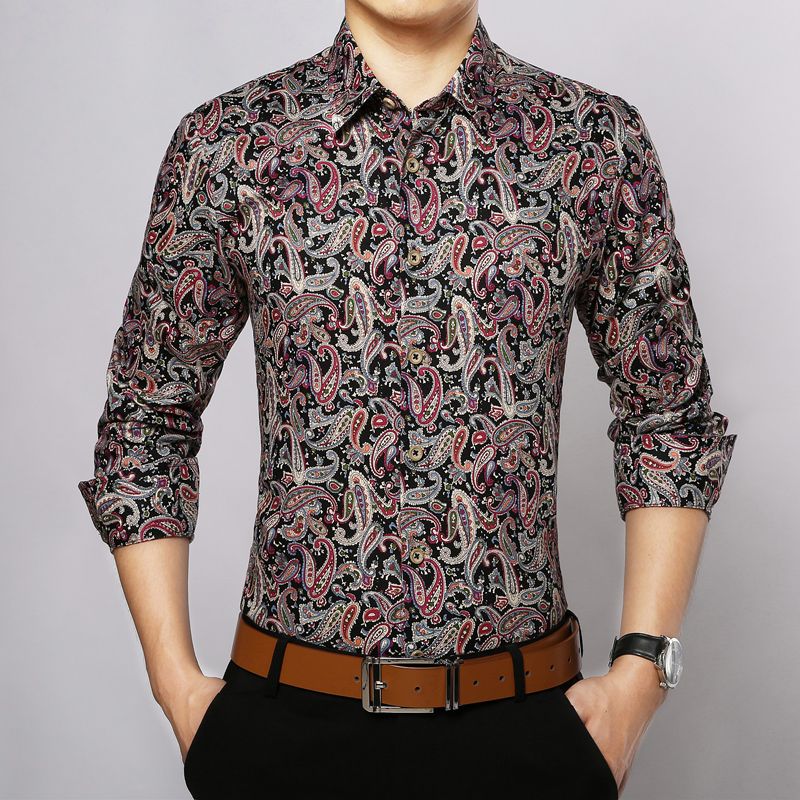 Floral Men Shirt Long Sleeve 100% Cotton Fashion Turn Down Collar ...