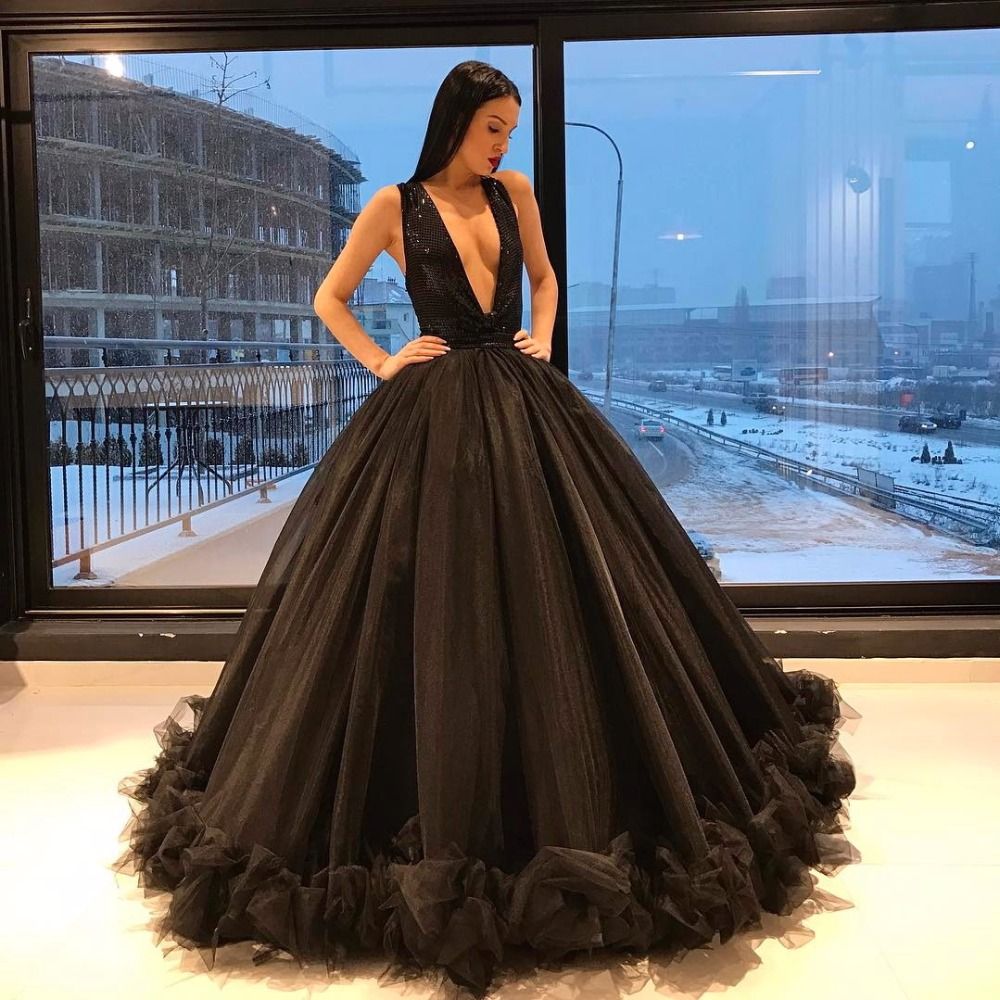 Black Ruched Tulle Long Prom Evening Dresses Puffy A Line Plunging V ...