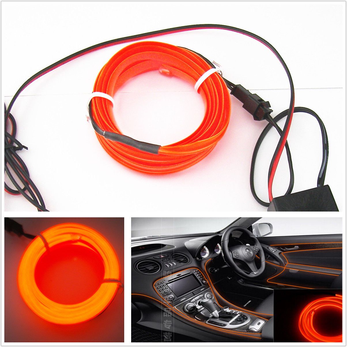 Car light Strip EL-Wire Auto Interior Fluorescent Neon Cold Tape Lamp Orange