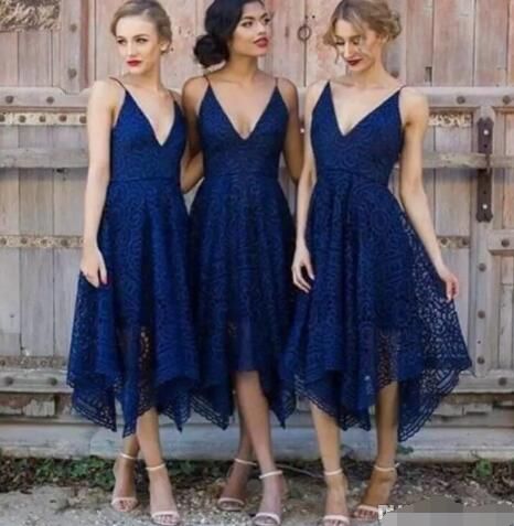 tea length navy bridesmaid dresses