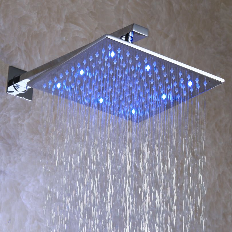 Overhead LED Rainfall Shower Head 12 Inch Bathroom Square Brushed