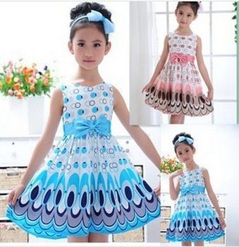 Summer Kids Girls Bow Belt Sleeveless Bubble Peacock Party Prom Dress Clothing