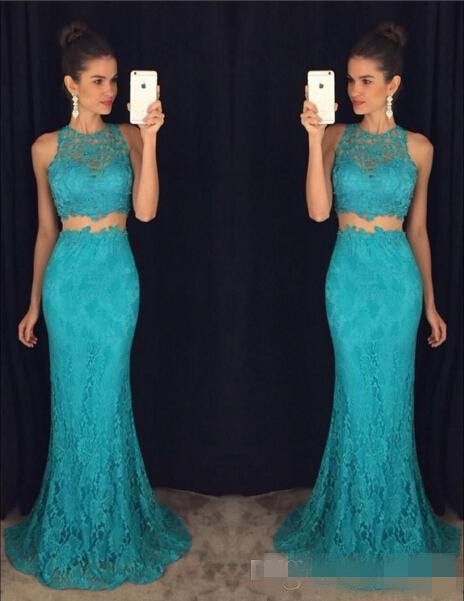 Vestidos de fiesta largos de encaje elegante Vestidos de fiesta de noche de sirena Dos piezas Vestidos de fiesta largos de encaje elegante Vestidos de fiesta de noche de sirena Dos piezas