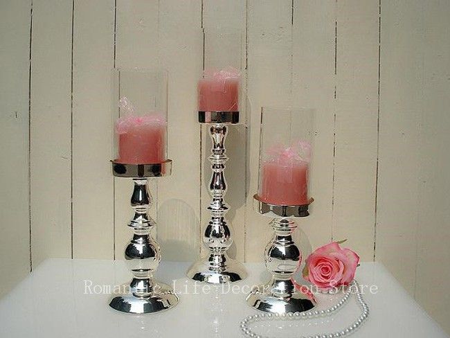 New Metal Silver Finish Candle Holders With Glass Stand Pillar