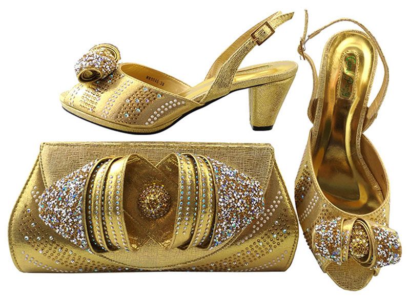 Charming Gold Kitten Heel Shoes Match Bags With Rhinestones Series