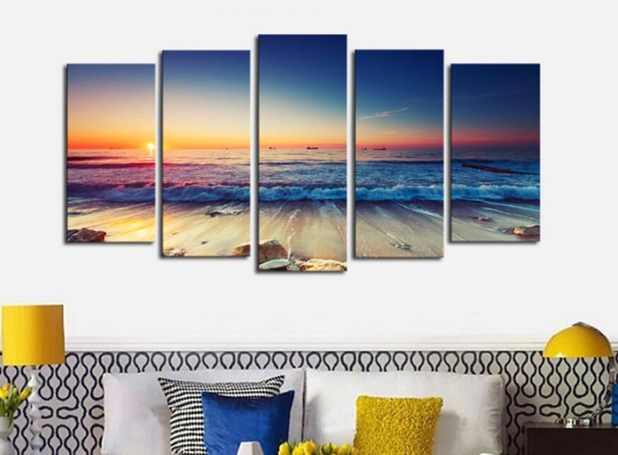 5 Piece Nature Rock Ocean Sunset Beach Canvas Wall Art Picture Print Home Decor