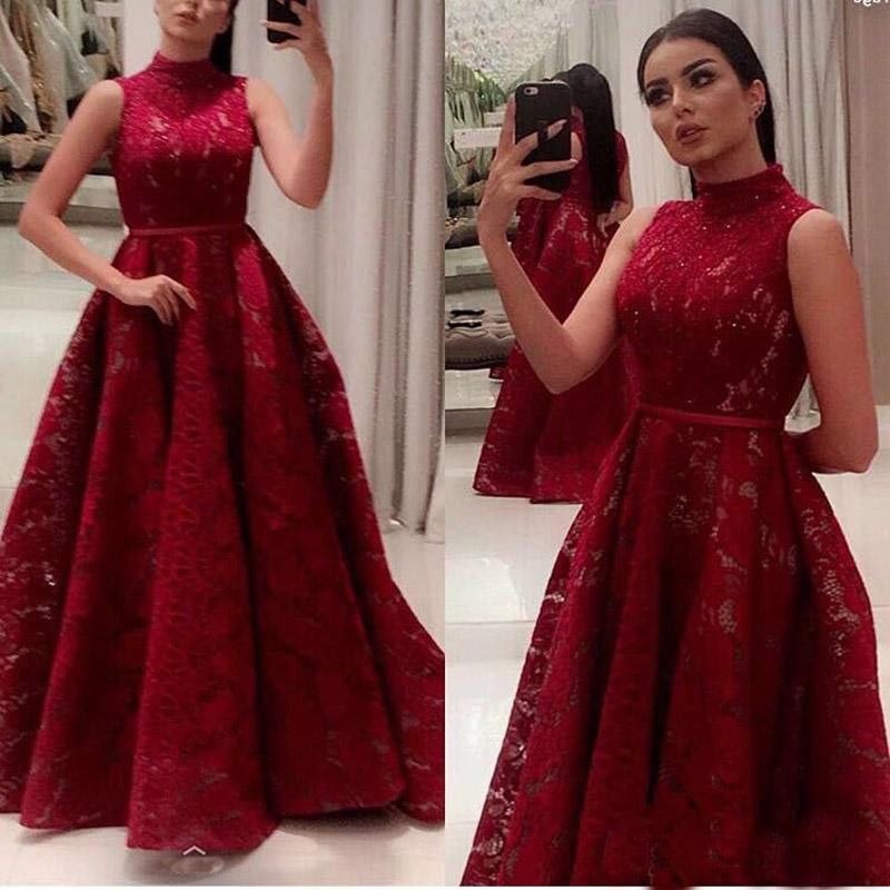 Compra 2017 Rojo Oscuro Una Línea De Noche Vestidos De Fiesta Elegante  Dubai Mujeres Árabes Formales Celebrity Vestido De Encaje Completo De  Cuello Alto Barato | Entrega Rápida Y Calidad | Es.Dhgate