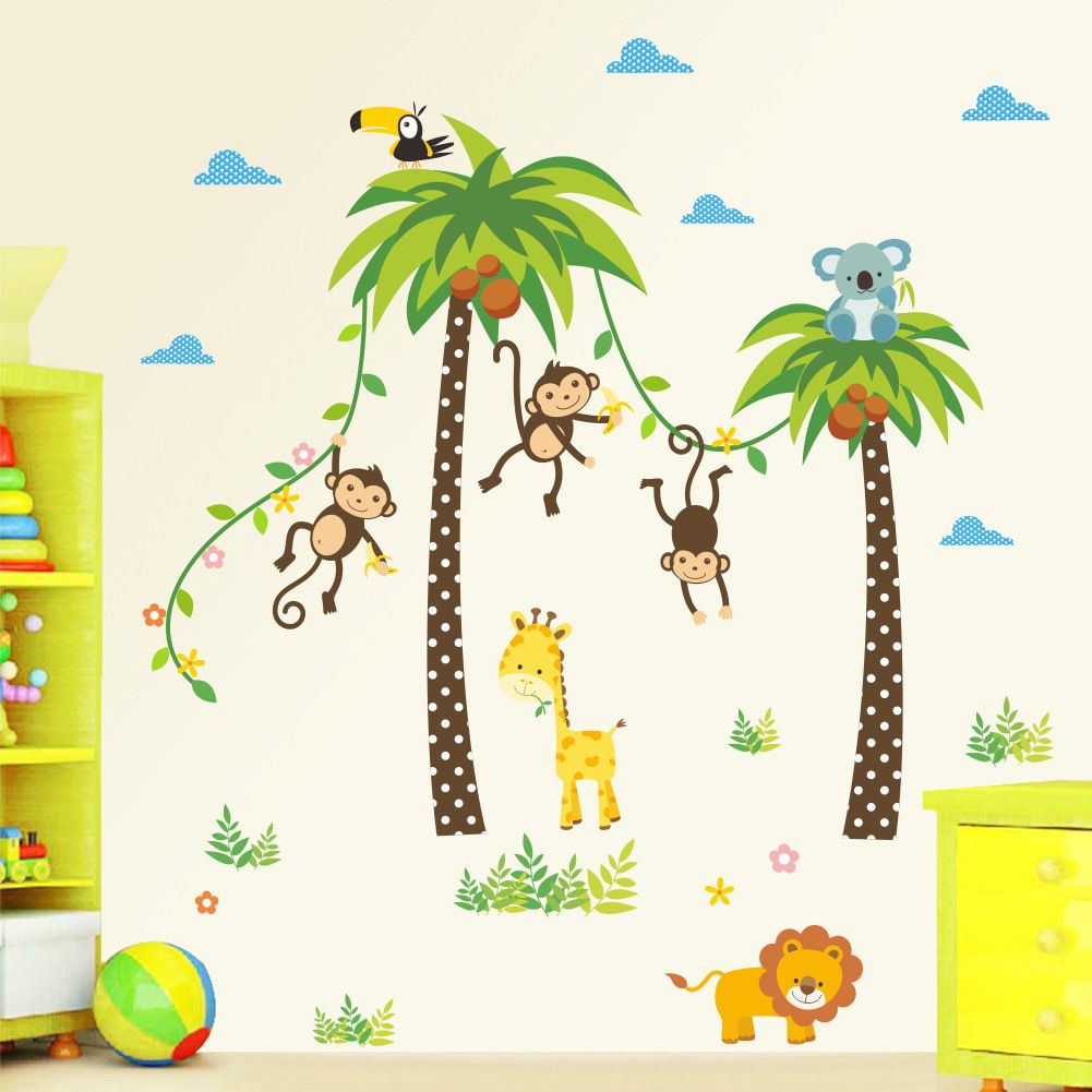 Grosshandel Cartoon Monkey Swing Auf Dem Coconut Tree Wandaufkleber Fur Kinder Babys Zimmer Wanddekoration Cloud Gras Vogel Elefant Giraffe Wandbild