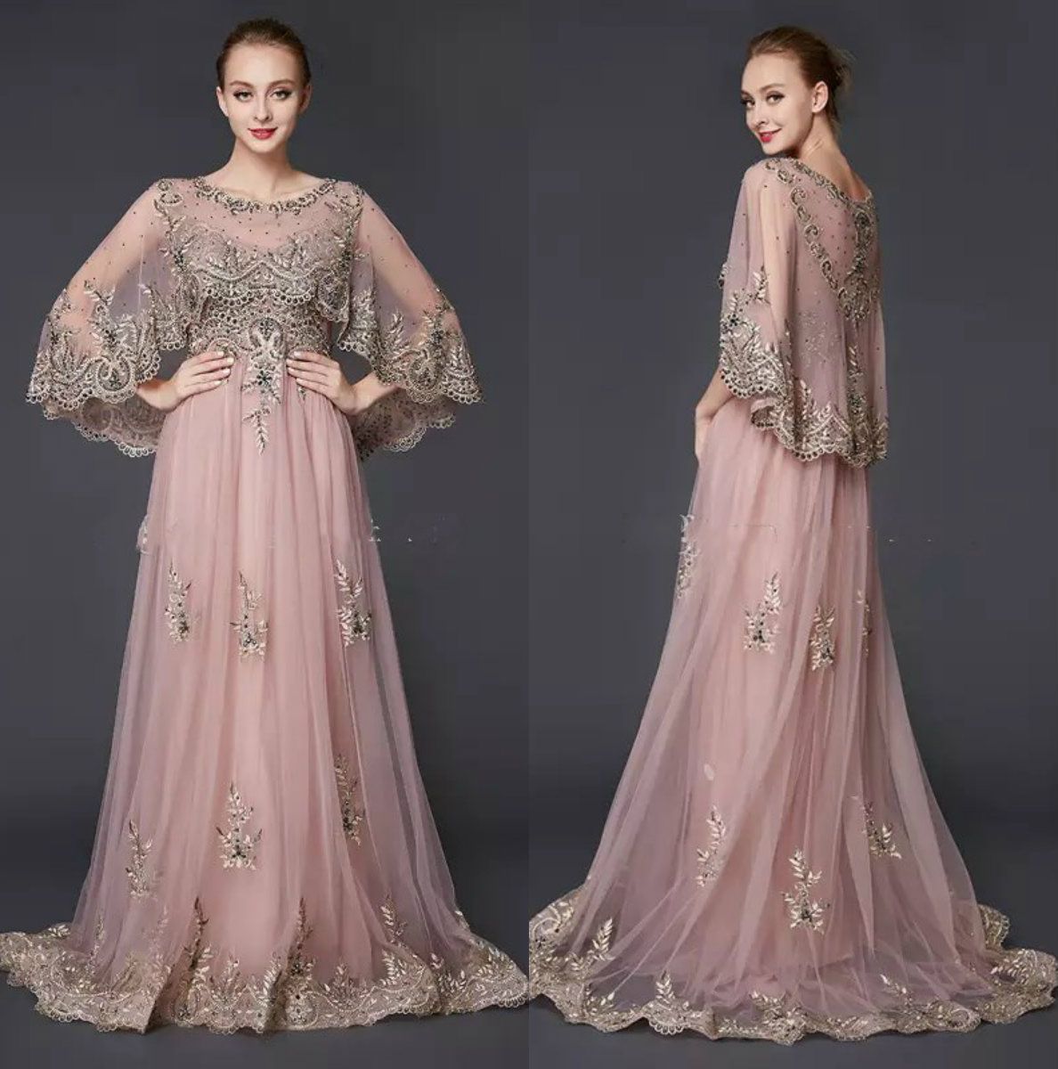 formal dress with cape sleeves