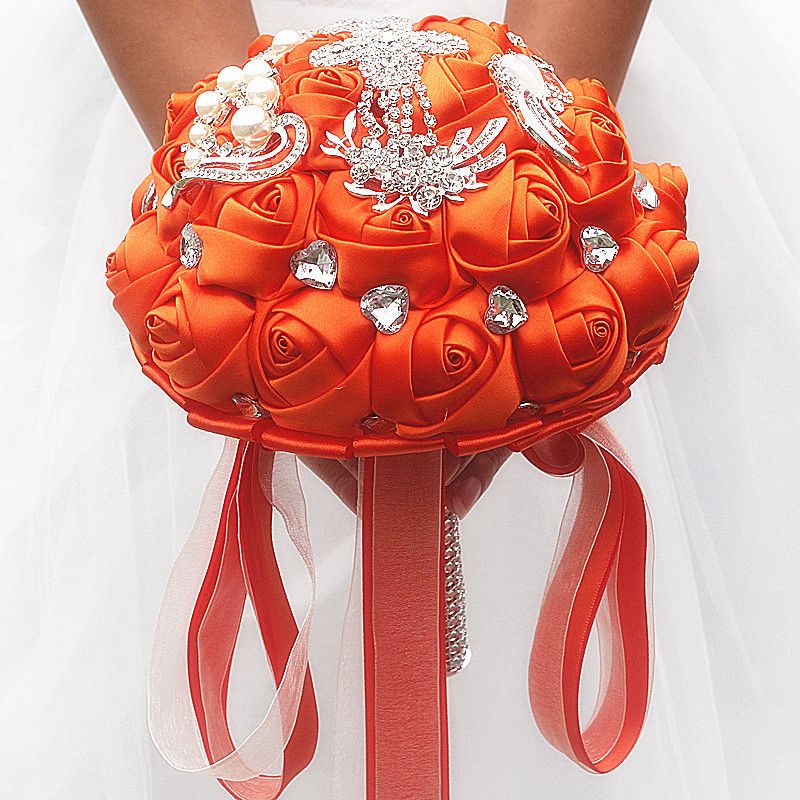 Orange Satin Wedding Flowers Decorations Crystal Pearls Bridal