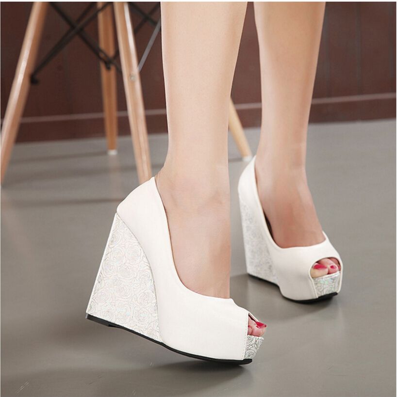New 2017 Wedge Heel Bride Wedding Shoes Peep Toe High Heel