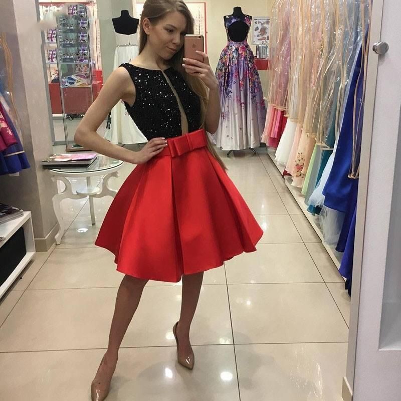 Compra 2017 Negro Lentejuela Rojo Satén Corto Vestidos De Cóctel 2017 Arco  Faja Hasta La Rodilla Fiesta De Bienvenida Al Prom Vestidos De Noche Barato  | Entrega Rápida Y Calidad | Es.Dhgate