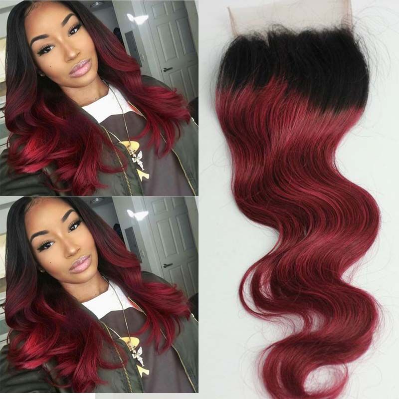 Top Closures 1b 99j 4x4 Brazilian Human Hair Closure Burgundy