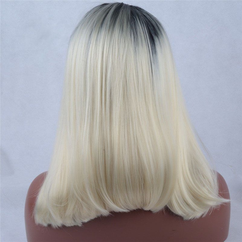 Grosshandel Ombre Blonde Schwarze Wurzeln Medium Bob Straight Lace Front Perucke 2 Ton Schulter Lange Kunsthaar Fur Frauen Warme Freundlich Von