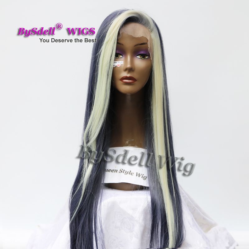Long Silk Straight Highlight Blonde Dark Ash Denim Blue Piano