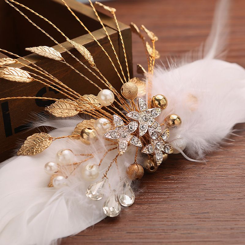 Gold Feather Hair Clips For Brides Wedding Party Occasions White