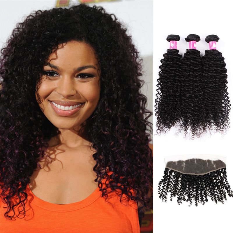 Virgin Brazilian Afro Curly Wavy Hair Bundles With Lace Frontal