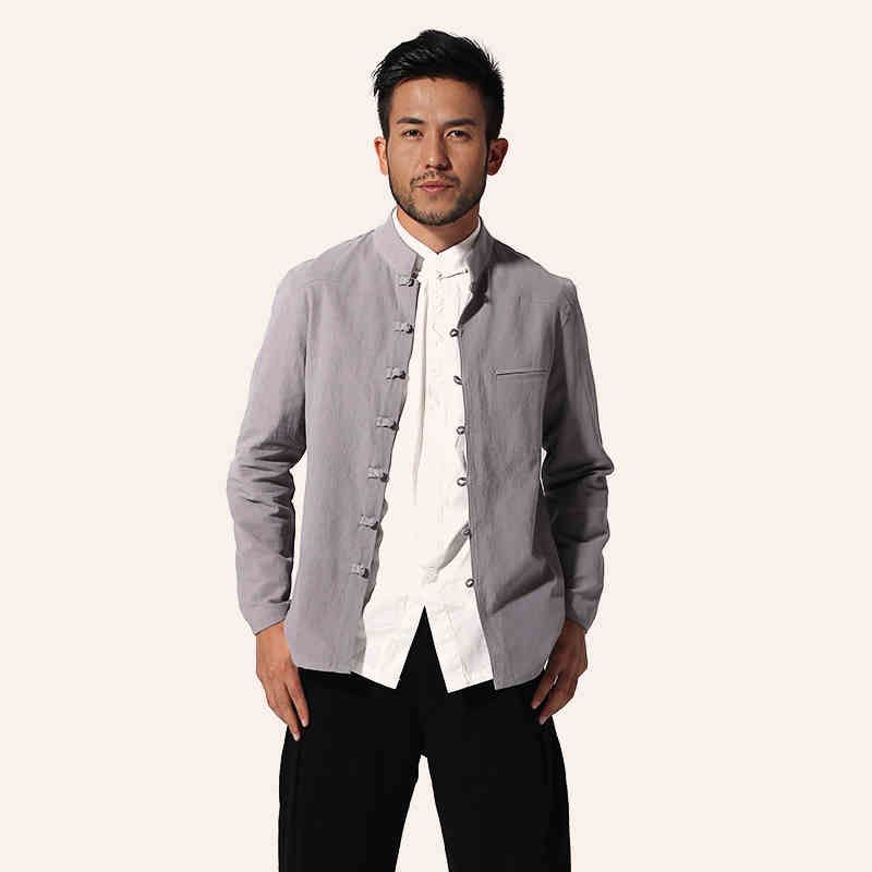 Al por mayor capa de la chaqueta de manga larga gris del estilo chino de los hombres de algodón de lino juego de la espiga superior ocasional Outwear M L XL XXL XXXL MJ057