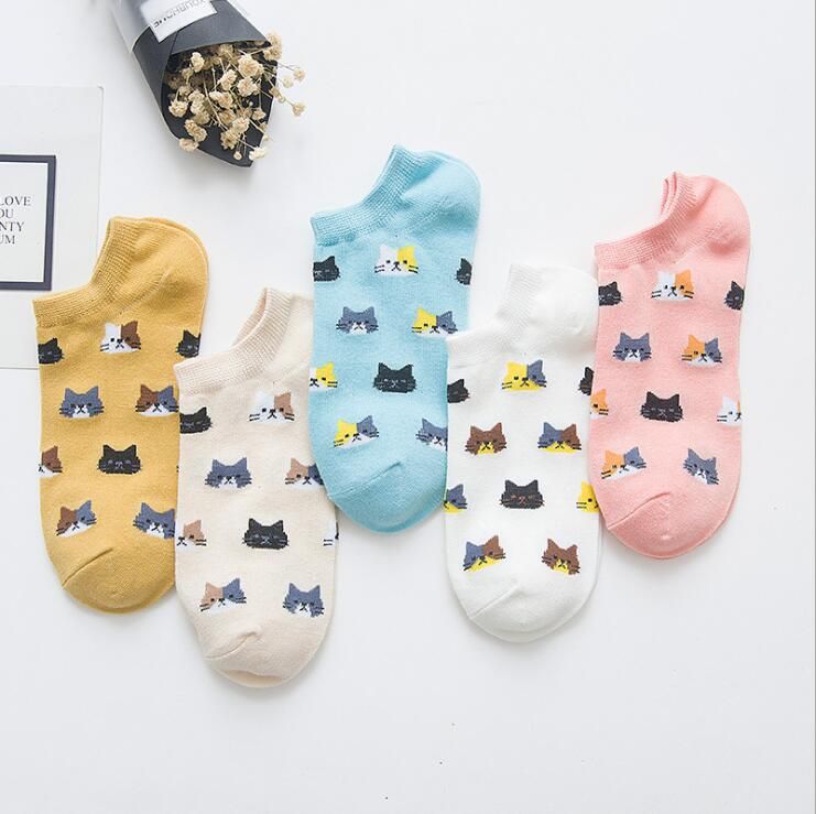 New 1Pair Women Trendy Cute Cat Socks Thin Invisible Shallow Mouth Short Tube