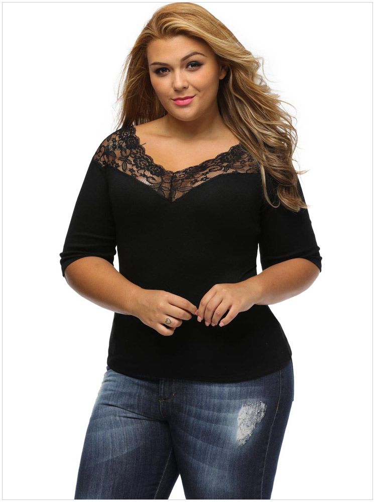 Compra Mujeres De Gran Tamaño Blusas Camisas 2017 Tallas Grandes Mujeres  Vestidos Blusas De Encaje Ssexy Sin Tirantes Costura V Cuello 3/4 Camisetas  De Manga Larga Barato | Entrega Rápida Y Calidad | Es.Dhgate