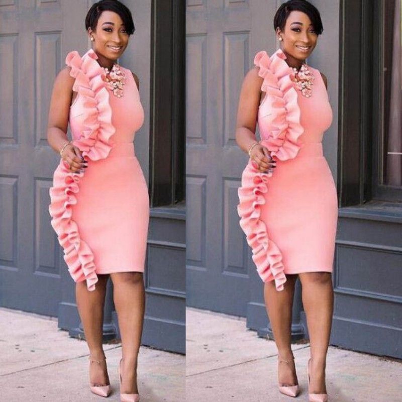 Pink Satin Short Evening Dresses Sheath Sleeveless Knee Length Prom