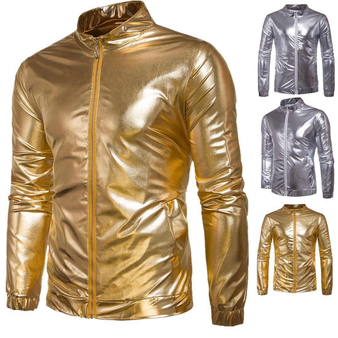 Mens Coat Zipper Long Sleeve Metal Buckle Night Club Coated Metallic