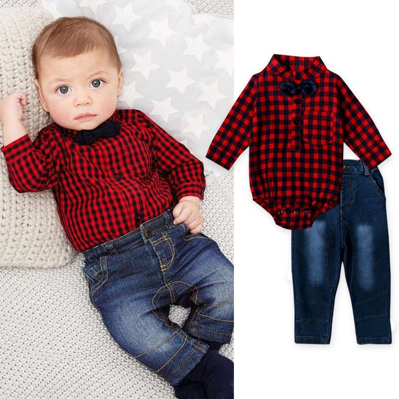 2pcs Newborn Baby Boy Fall Clothes Tie Romper Tops+Lattice Bib Pants Outfits Set