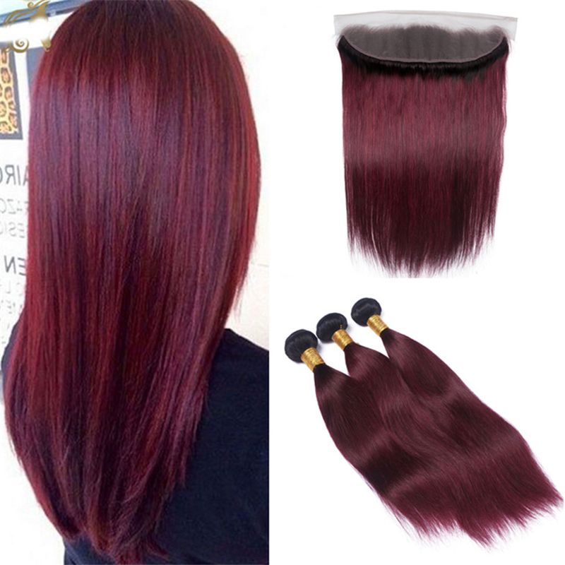 2019 Wine Red Ombre Lace Frontal Closure With Bundles 1b 99j
