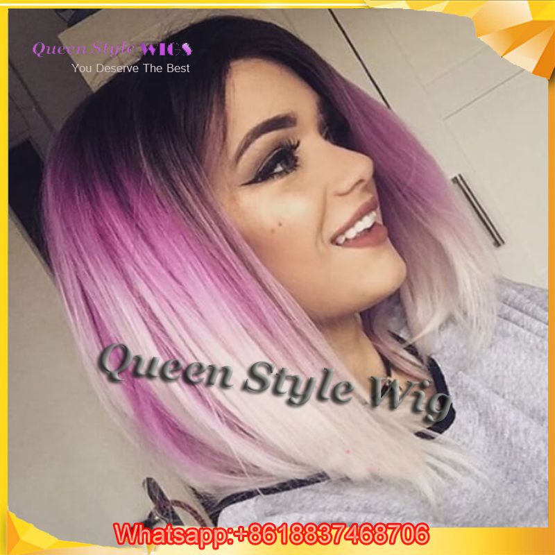 Black Root Ombre Lilac To White Color Hair Wig Synthetic Short