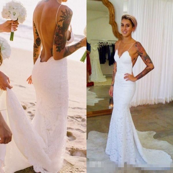 2019 Boho Mermaid Backless Beach Wedding Dresses Spaghetti Straps Sleeveless Romantic Full Lace Open Back Bridal Gowns With Sweep Train Wedding