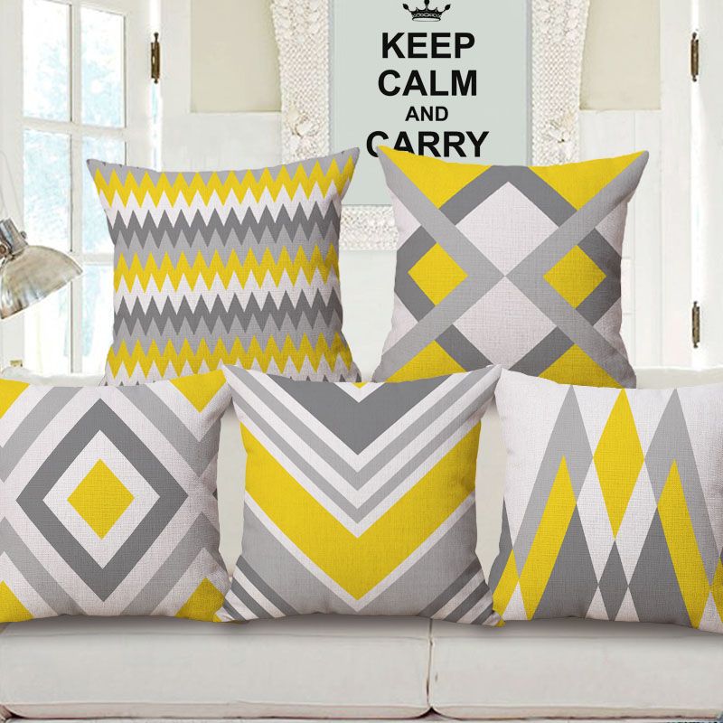 Yellow And Gray Cushion Cover Cotton Linen Geometric Throw Pillow Case